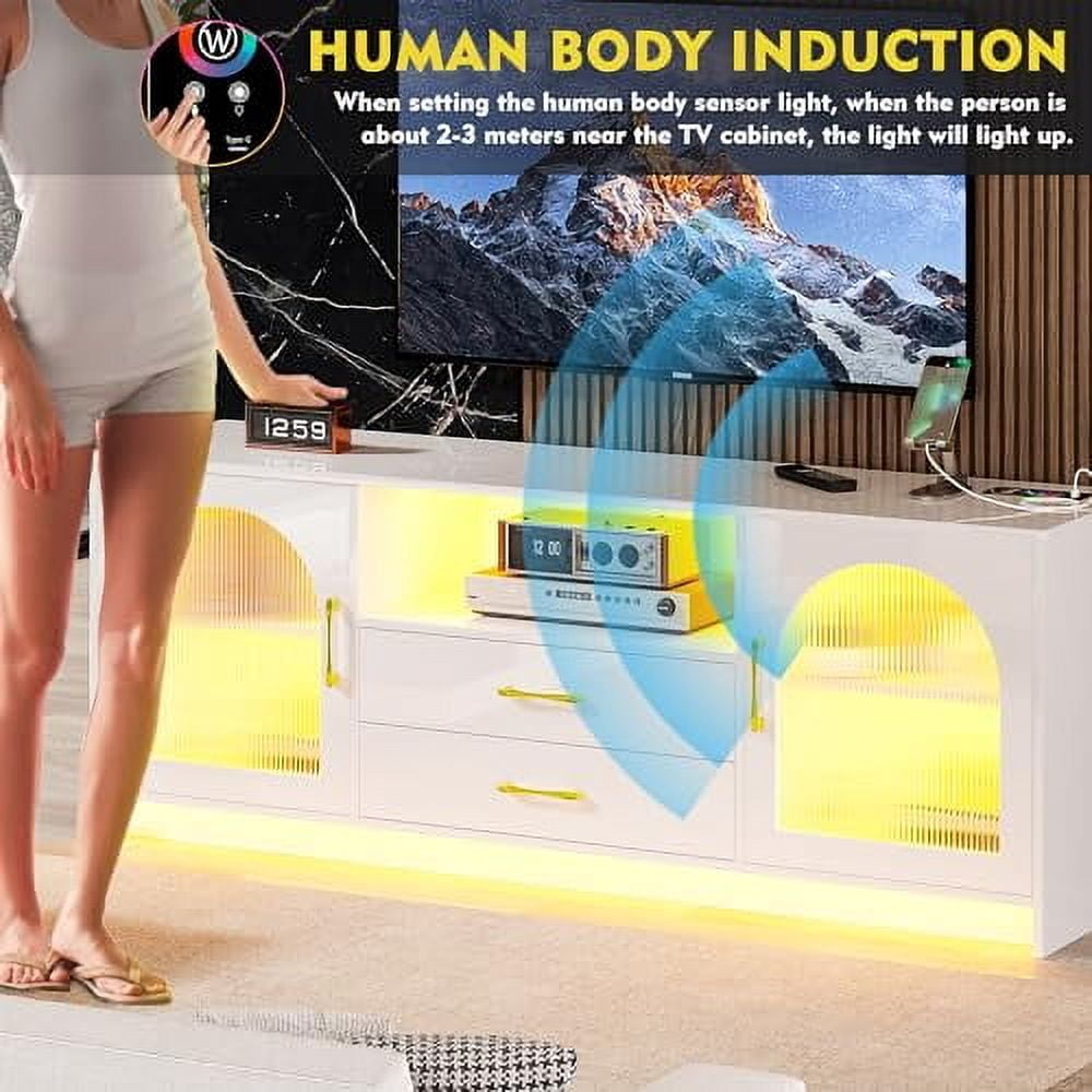 Gurexl RGB TV Stand with Wireless Charging Station for TVs up to 75 Inch,Human Sensor LED TV Cabinet with USB&Type-C Ports,24 Color Dimmable Television Stand with Drawers & Storage Cabinet