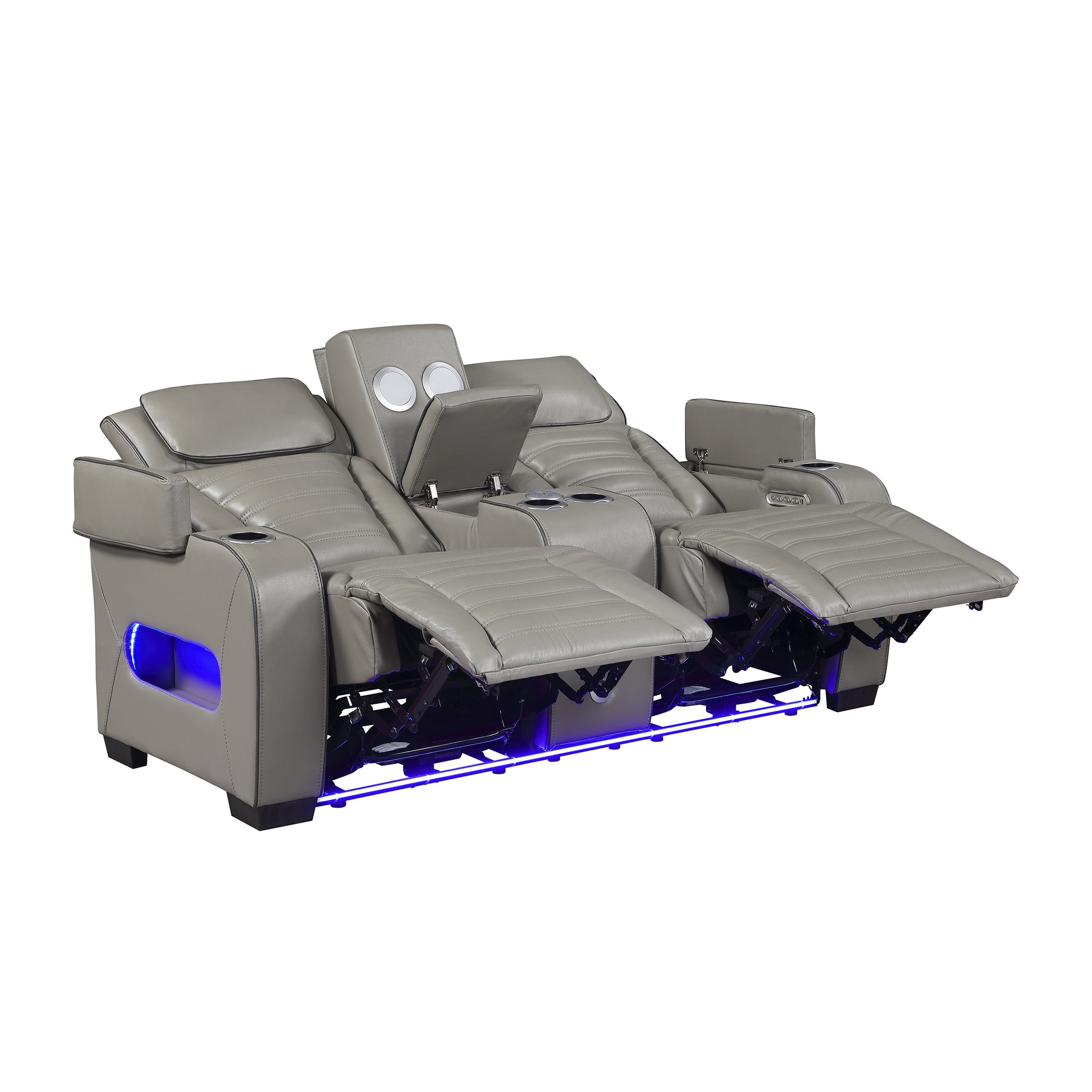 OakvillePark Elantra Leather Match Power Double Reclining Love Seat with Center Console/Power Headrests/Storage Arms/Cup Holders/Wireless speakers/Air Massage/Heat/LED Lighting/Charging Ports, Gray