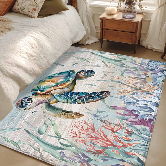 3x5 Area Rugs, Coastal Turtle Non-Skid Rubber Backing Large Rectangle Rugs - Living Room Bedroom Home Office, Nautical Beach Sea Ocean Coral Vintage Indoor Floor Mat Carpets Washable Rug