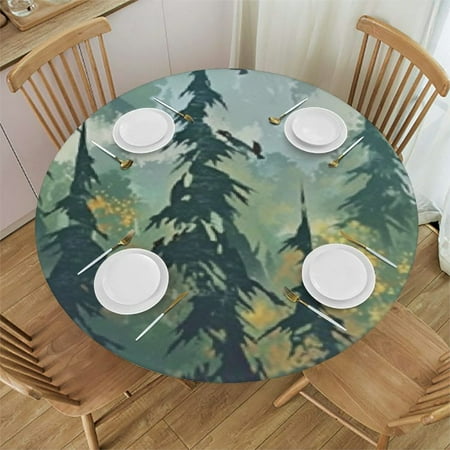 

BANET Rustic Misty Forest Tablecloth Round Watercolor Misty Tree Foggy Mountain Woodland Landscape Birds Table Cloth Cover Indoor Outdoor for Dining for Home Party Picnic 31 -35