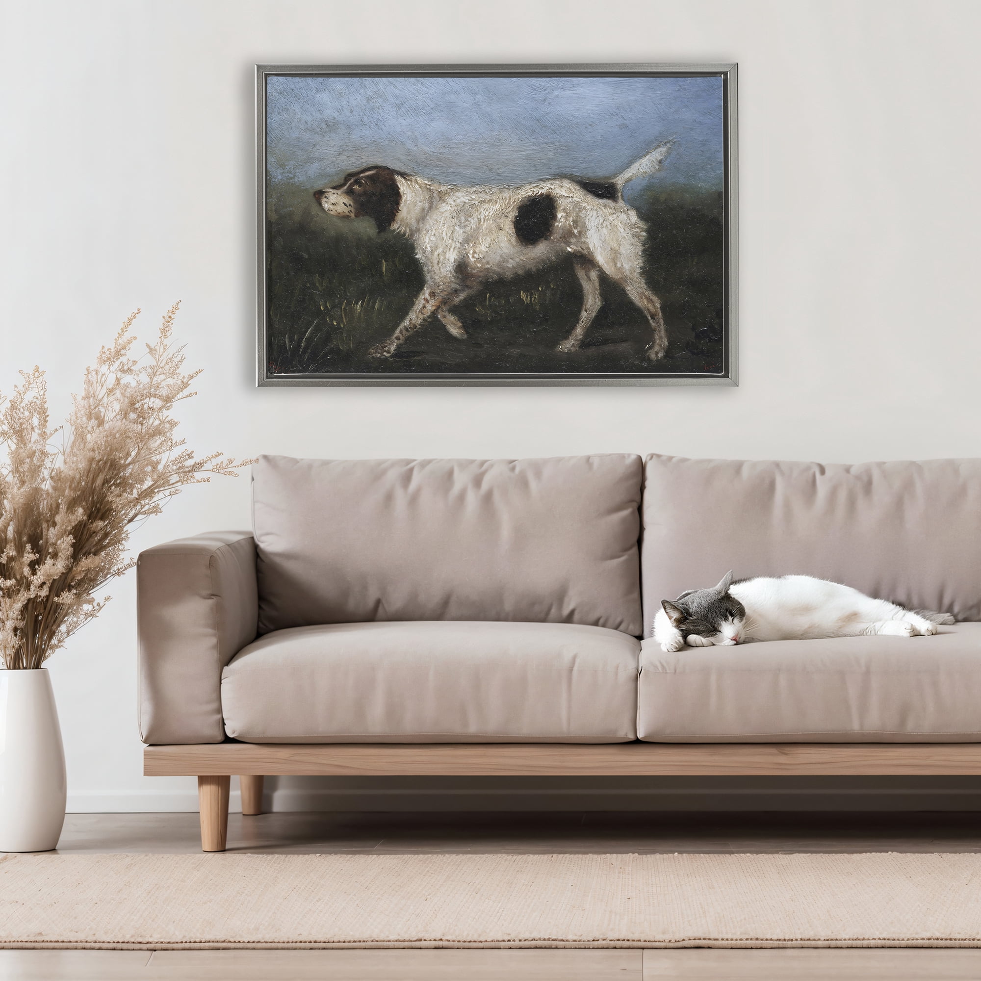 Stupell Industries Alert Hunting Dog in Field Gray Framed Floater Canvas Wall Art, design by Arlington Prints