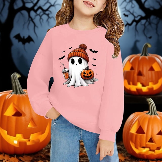Chandail à Col Rond à Manches Longues pour Enfants, Décontracté et Tendance, Imprimé 2D d'Halloween, Rose