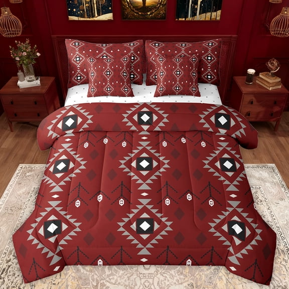 Manfei Vintage Boho Aztec Twin Bedding Sets 7-Piece for Adult, Maroon Abstract Ombre Bedding Comforter Set, Hippie Mandala Style Reversible Sheet Sets, Luxury Bedroom Decor