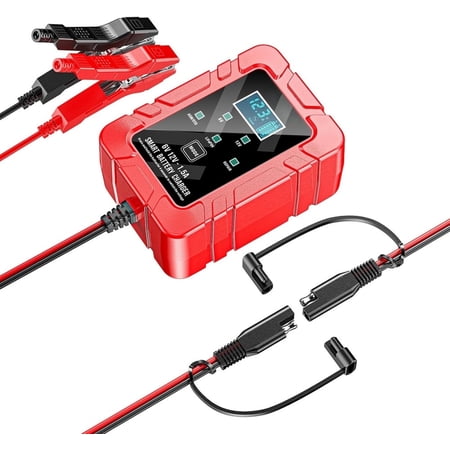 6V 12V Automatic Intelligent Recognition Battery Charger Smart Pulse Repair Maintainer for Car Motorcycle Marine Batteries with LED Display (Red)