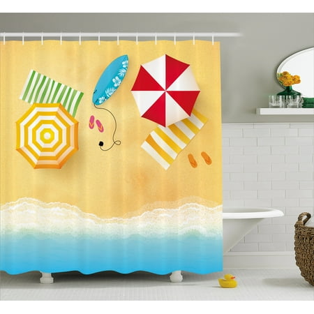 Beach Shower Curtain, Beach Waves with Umbrella Towels and Surfing Board Swimming Themed Summer Season, Fabric Bathroom Set with Hooks, Multicolor, by Ambesonne