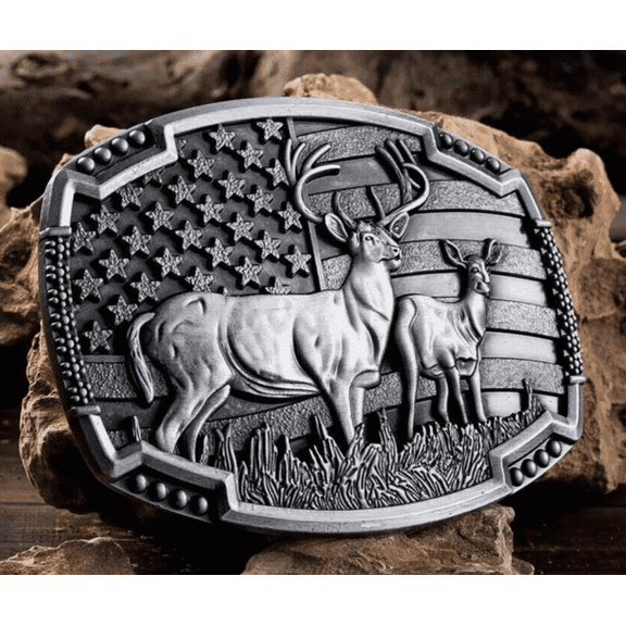 Deer Buck Belt Buckle Hunting Scene USA FLAG Background Woods Mule Deer Antlers Hunter 014