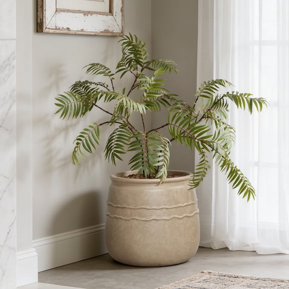 LuxenHome Sandstone Finish Fiber Clay Outdoor Planter with Wavy Ridges, Modern Neutral Garden Accent