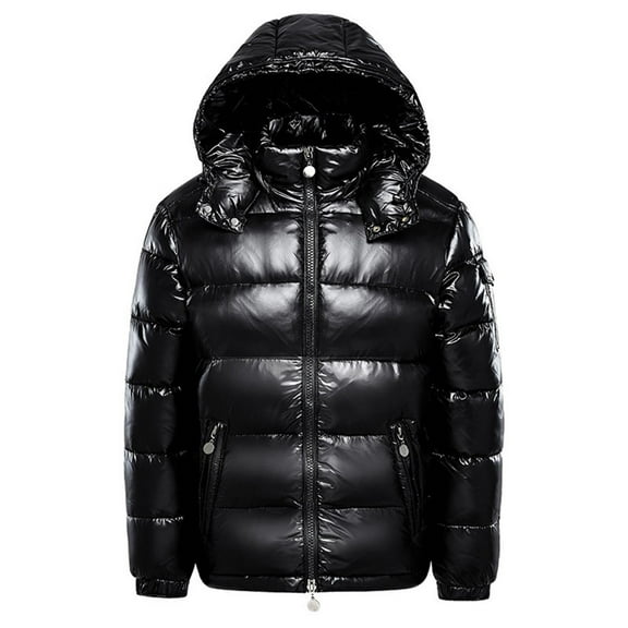 Men Jacket Men's Thermal Shiny Hooded Puffer Jacket Winter Coats Water Resistant Down Coats Insulated Padded Puffy Coat Mens Coats L Black