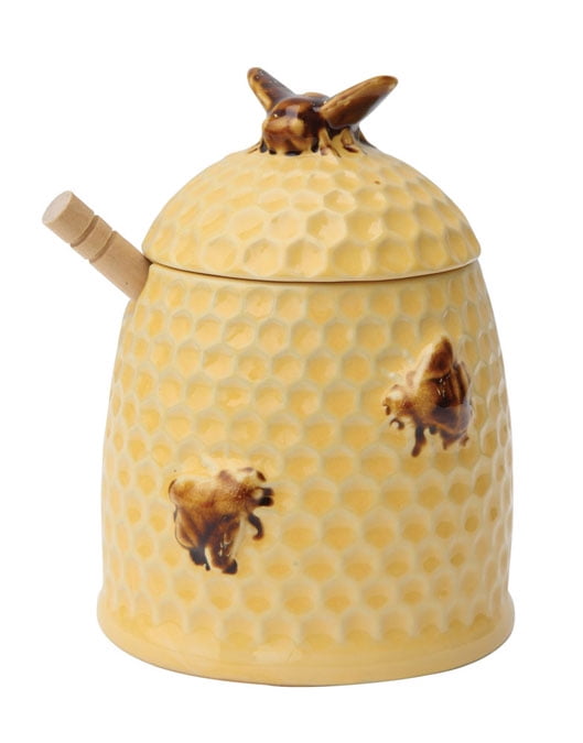 Creative CoOp Golden Stoneware Honey Jar With Wood Dipper, Yellow