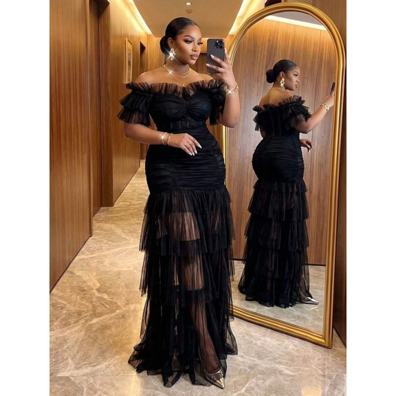 Plus Size Black Off Shoulder Ruffle Tiered Maxi Dress With Sheer Slit