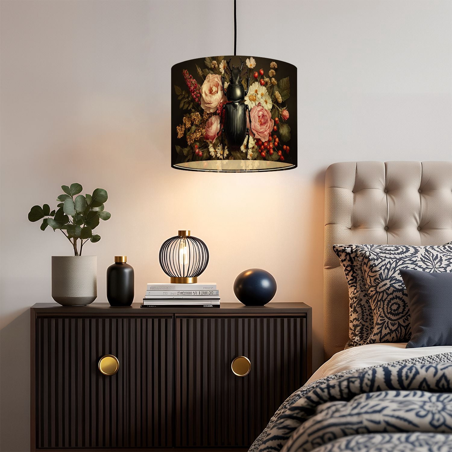 Gothic Linen Drum Lampshades Black Beetle Colorful Floral Bouquet Roses Daisies 13"x13"x10" Light Shade for Table Lamps Floor Lamp Shades Lampshade Replacement Assembly Required