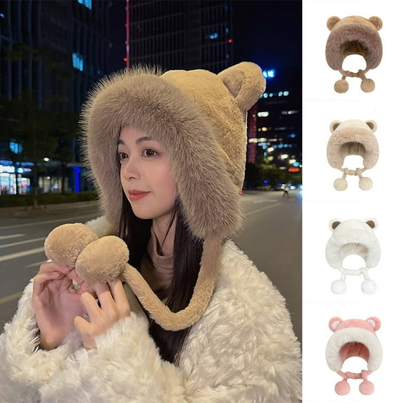 Women's Plush Faux Fur Ear Bear Hat Soft Warm Winter Beanie For Girls