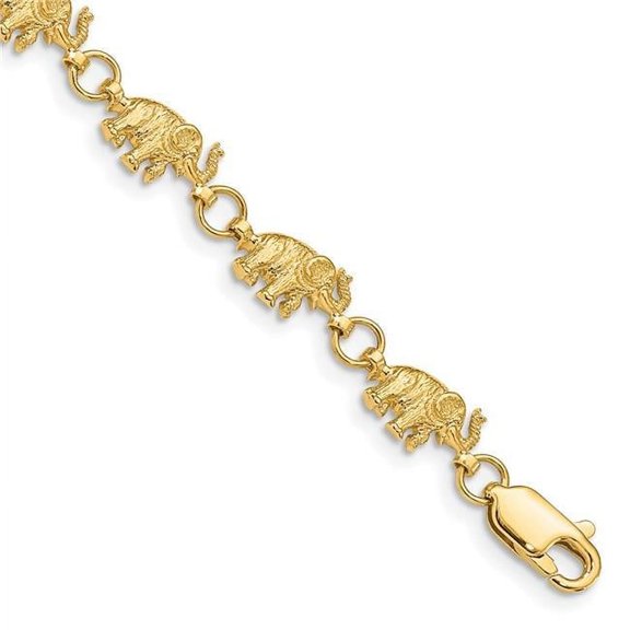 Primal Gold 14 Karat Yellow Gold 7 Inch Diamond-cut Small Elephants with Trunks Raised Bracelet