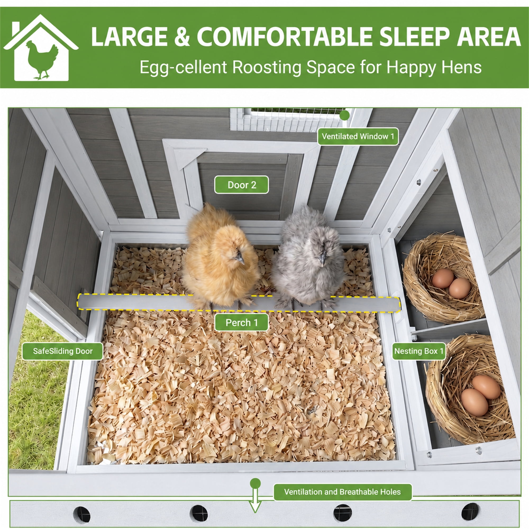 Aukfa 114" Large Chicken Coop Wood Chicken Run Cage w/ Nest Box and Pull-on Tray for Outdoor, Backyard, Gray