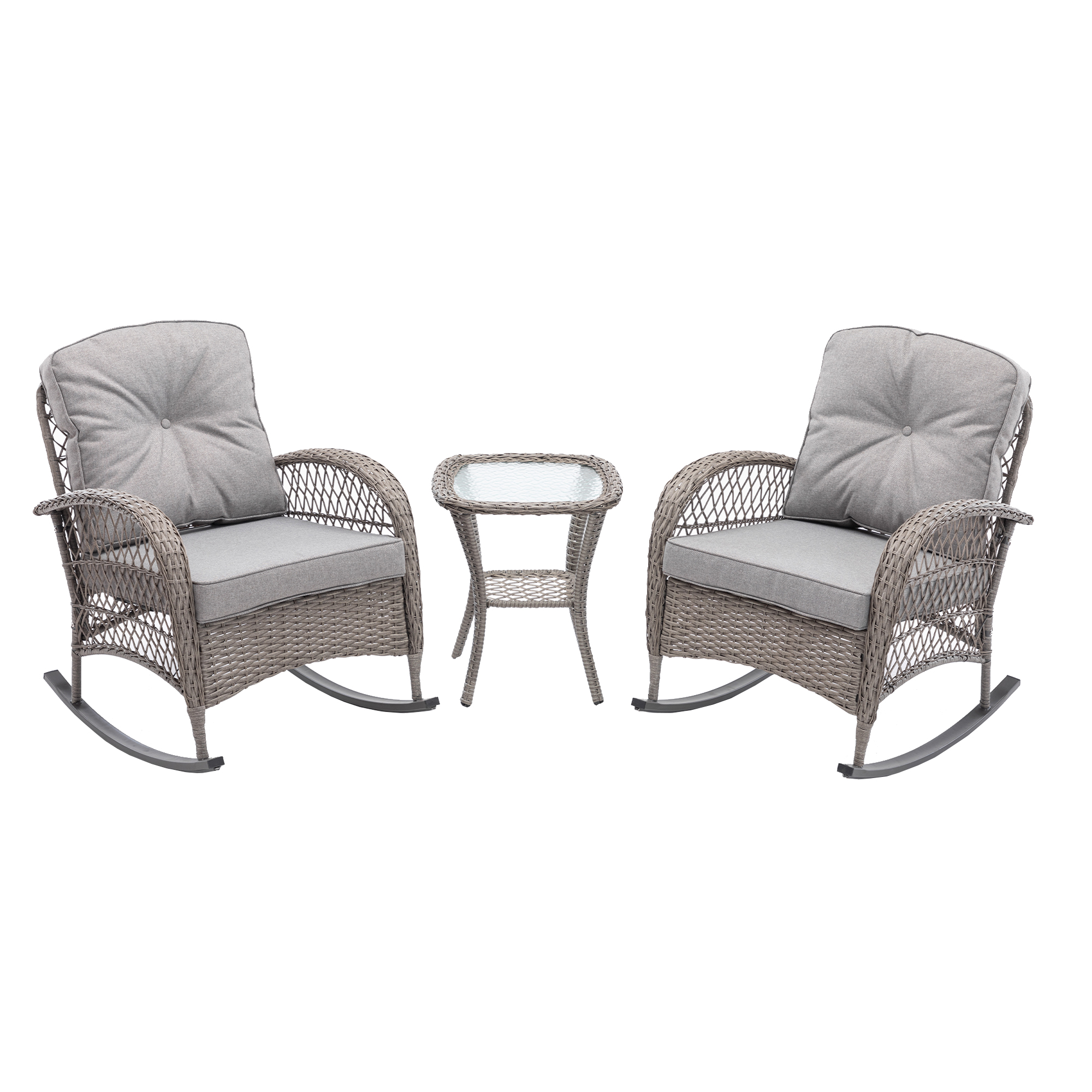 Royard Oaktree 3-Piece Patio Rocking Chair Outdoor Rattan Bistro Furniture Conversation Set with 2 Wicker Armchair and Glass Table for Porch Lawn Garden Backyard,Grey - image 2 of 7