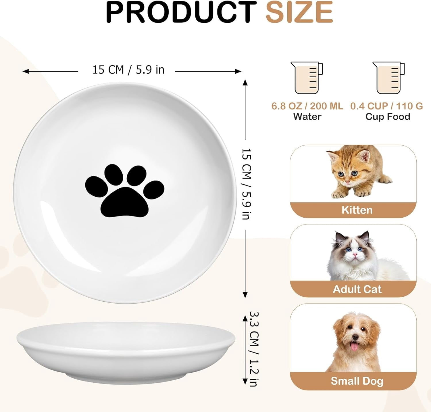 4 Pack Ceramic Cat Food Bowls, 5.9 Inch Ceramic Cat Dishes Set for Indoor Cats and Small Dogs, Anti Whisker Fatigue Kitten Bowls, Wide Shallow Kitten Plates for Food and Water