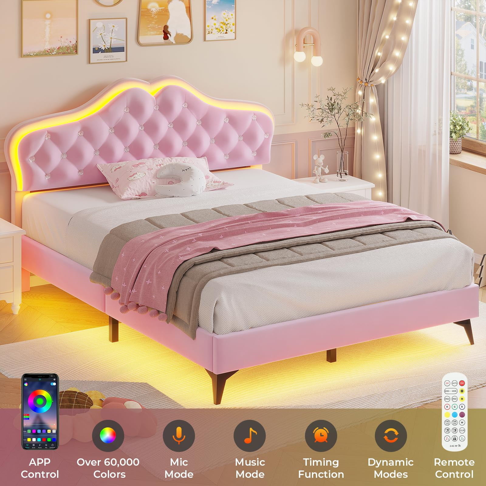 Afuhokles Twin Size Bed Frame with LED Lights, Upholstered Platform Bed, Pink