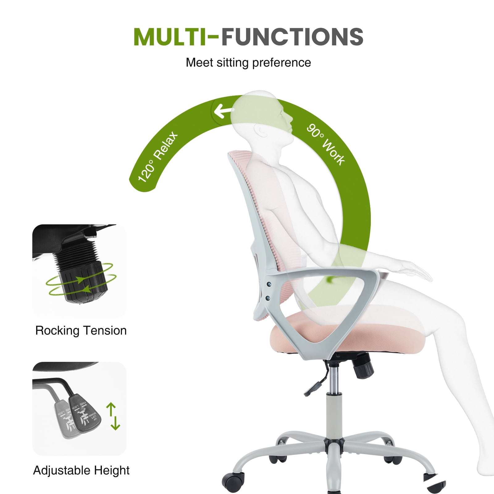 JOINSUN Ergonomic Mesh Office Chair with Armrests, Wheels, Mid-Back, Lumbar Support for Home, Pink
