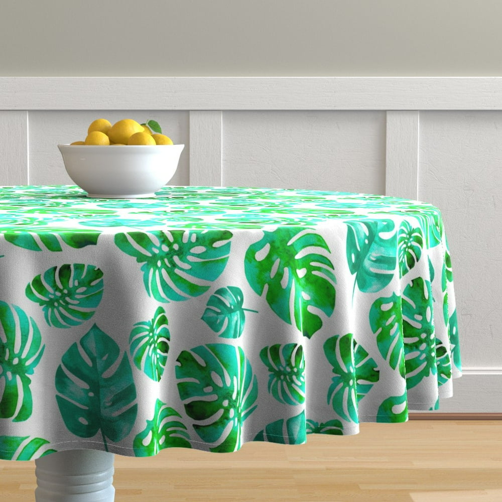 Round Tablecloth Green Leaves Leaf Floral Aqua Bright Colors Cotton
