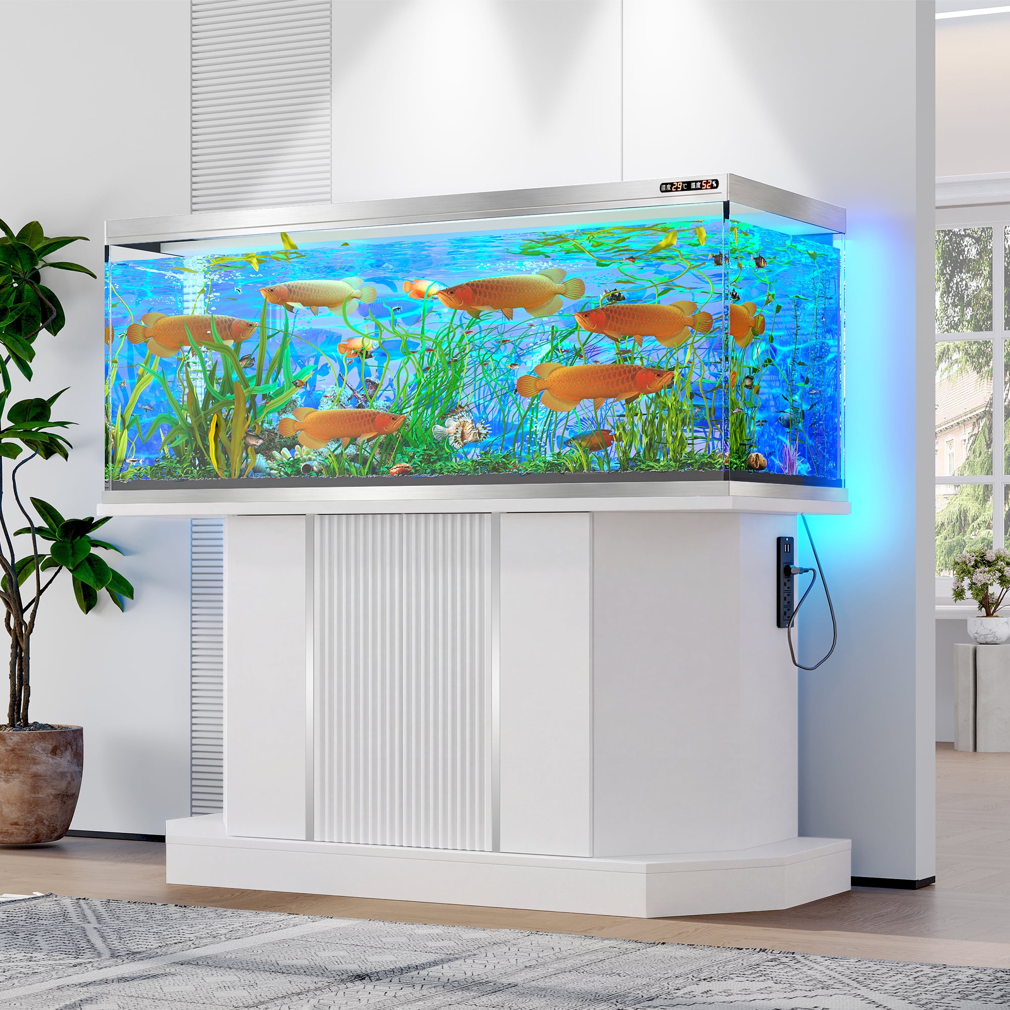 Aukfa 55-75 Gallon Fish Tank Stand with Storage & Charging Station, Heavy Duty Aquarium Stand for Turtle/Reptile, 880LBS Capacity,White