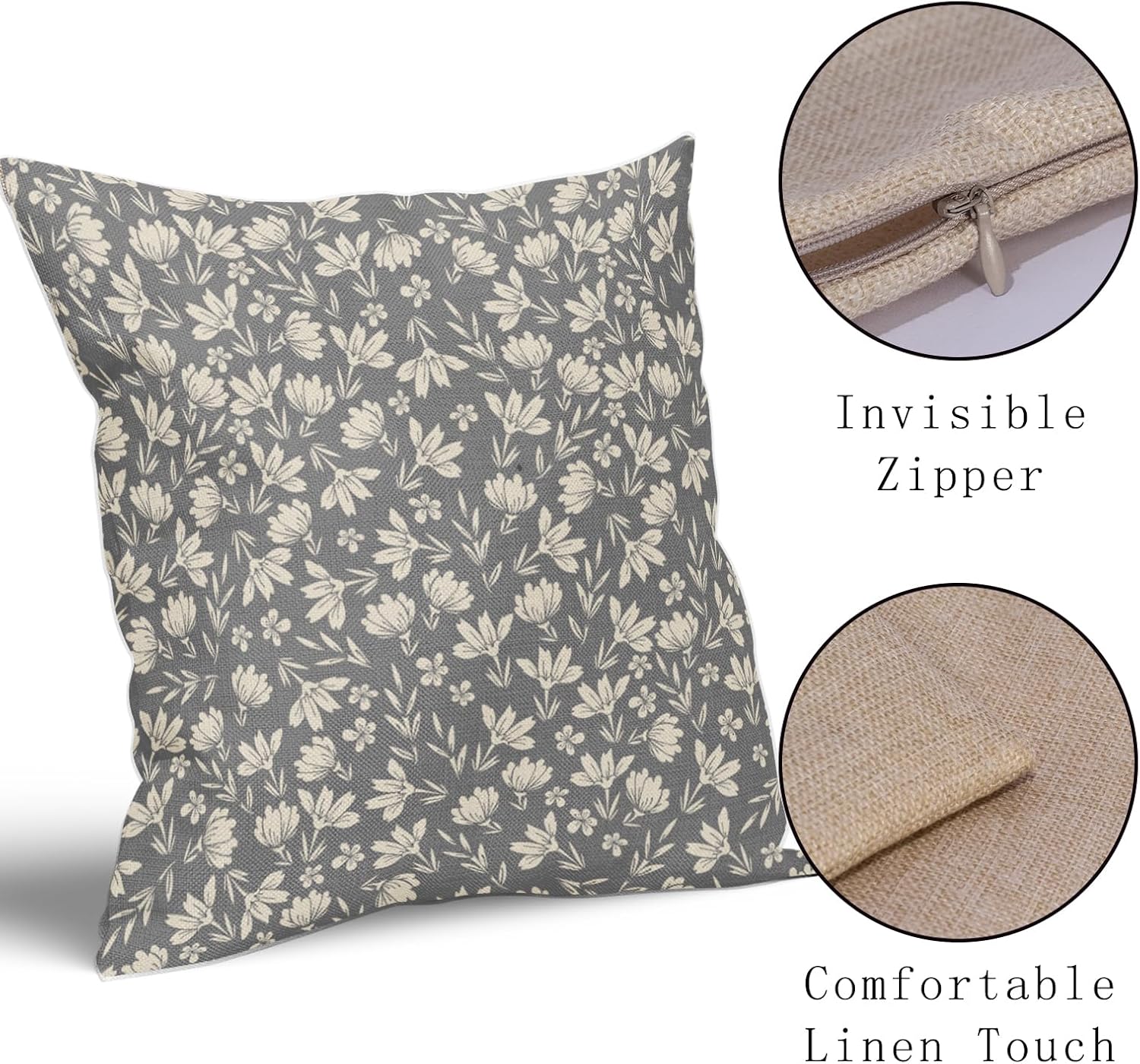 Vintage Flower Pillow Covers 18x18 Set of 2 Rustic Cute Small Floral Black Brown Old Style Decorative Throw Pillows Outdoor PillowCase Farmhouse Linen Cushion Case Decor for Home Sofa Couch Bed
