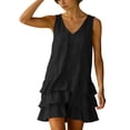 thumbnail image 6 of Women's Cotton Linen V Neck Sleeveless Mini Dress Babydoll Summer Cute Layered Ruffle Swing Tank Dress, 6 of 7