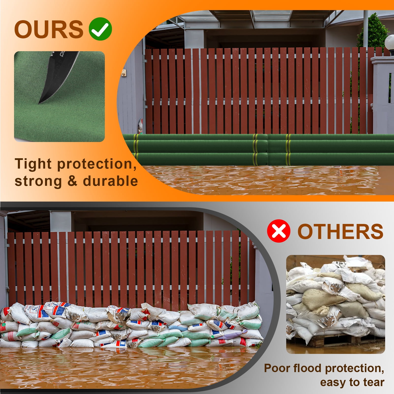 cyrico 4 Pack Long Sand Bags for Flooding, Thickened Reusable Canvas Flood Protection Sandbags with Elastic Band & Reflective Stripes, Tube Water Barriers for Door, Garage, Windows, 4Ft x 8In