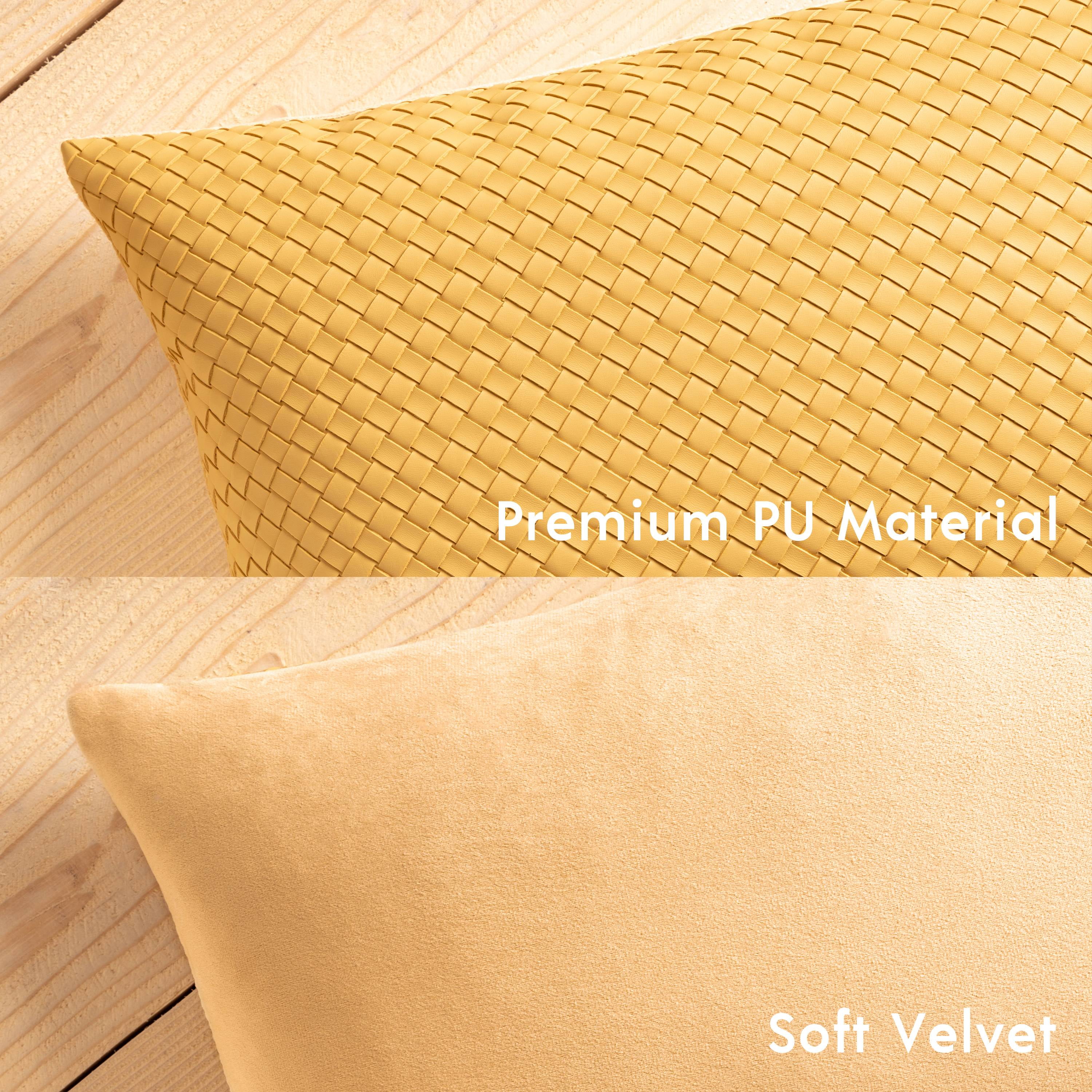 Phantoscope Modern Faux Leather Woven Square Cusion Solid Accent Decorative Throw Pillow for Couch, 12" x 20", Yellow, 2 Pack
