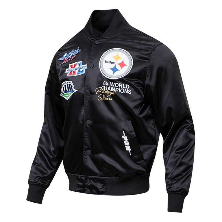 Men's Pro Standard Black Pittsburgh Steelers 6X Super Bowl Champions Satin Full-Snap Varsity Jacket Size: Large