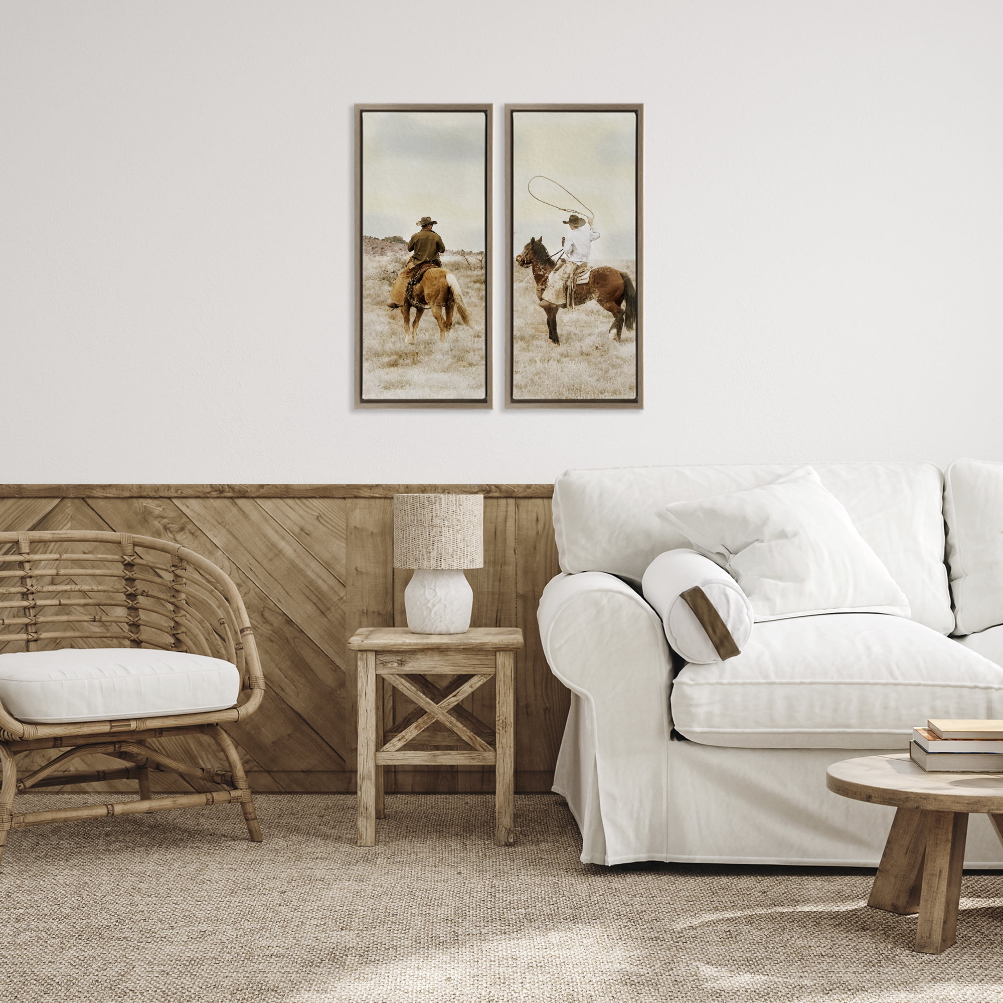 Stupell Industries Wrangling Cowboy Duo 2 Piece Brown Framed Floater Canvas Set, design by Marcus Prime