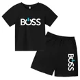 thumbnail image 4 of Conjunto de 2 piezas de camiseta de manga corta y pantalones cortos con estampado de letras de marca de verano, traje deportivo informal para niños y niñas, conjunto de moda para niños, 4 of 5
