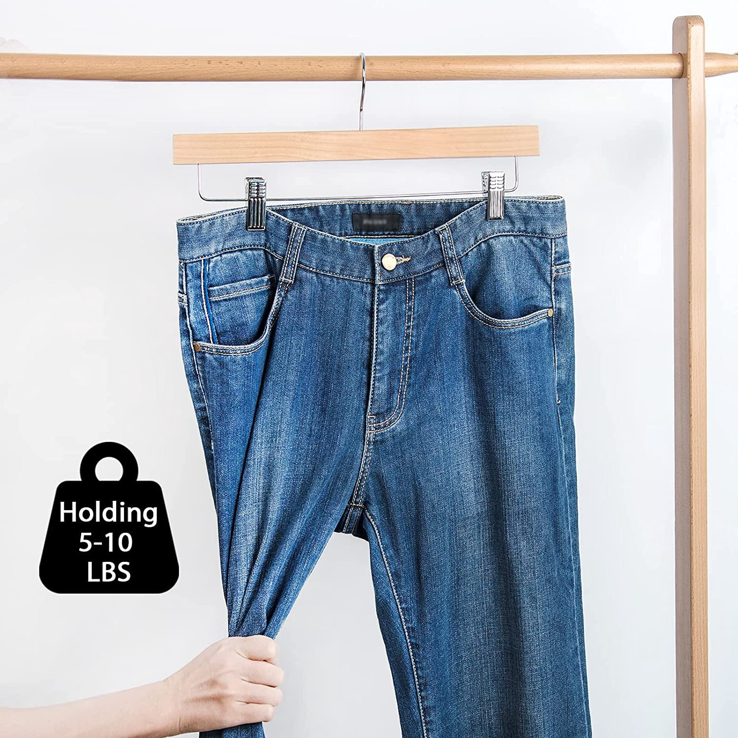 Wooden Pants Hangers Bottom Hanger Jeans Hanger Skirt Hanger with 2 Adjustable Clips Anti Rust Hook of 10 (Natural)