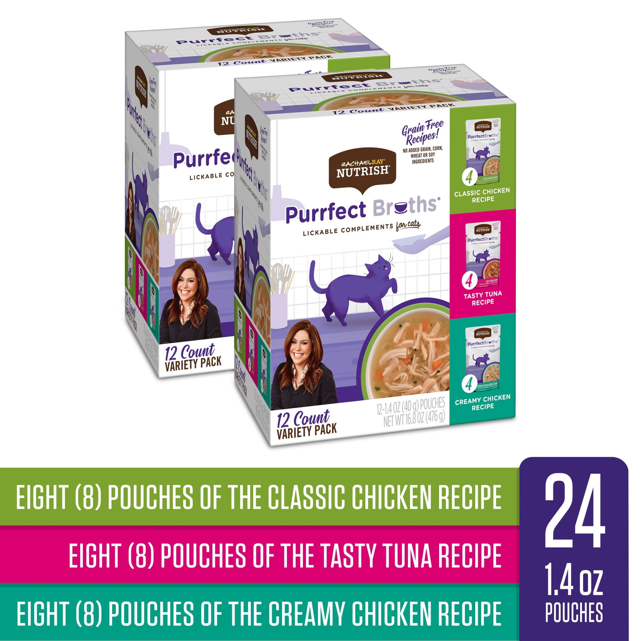 (4 pack) Rachael Ray Nutrish Purrfect Broths Variety Pack, Lickable Cat Treats, Box of 12-1.4 Ounce Pouches
