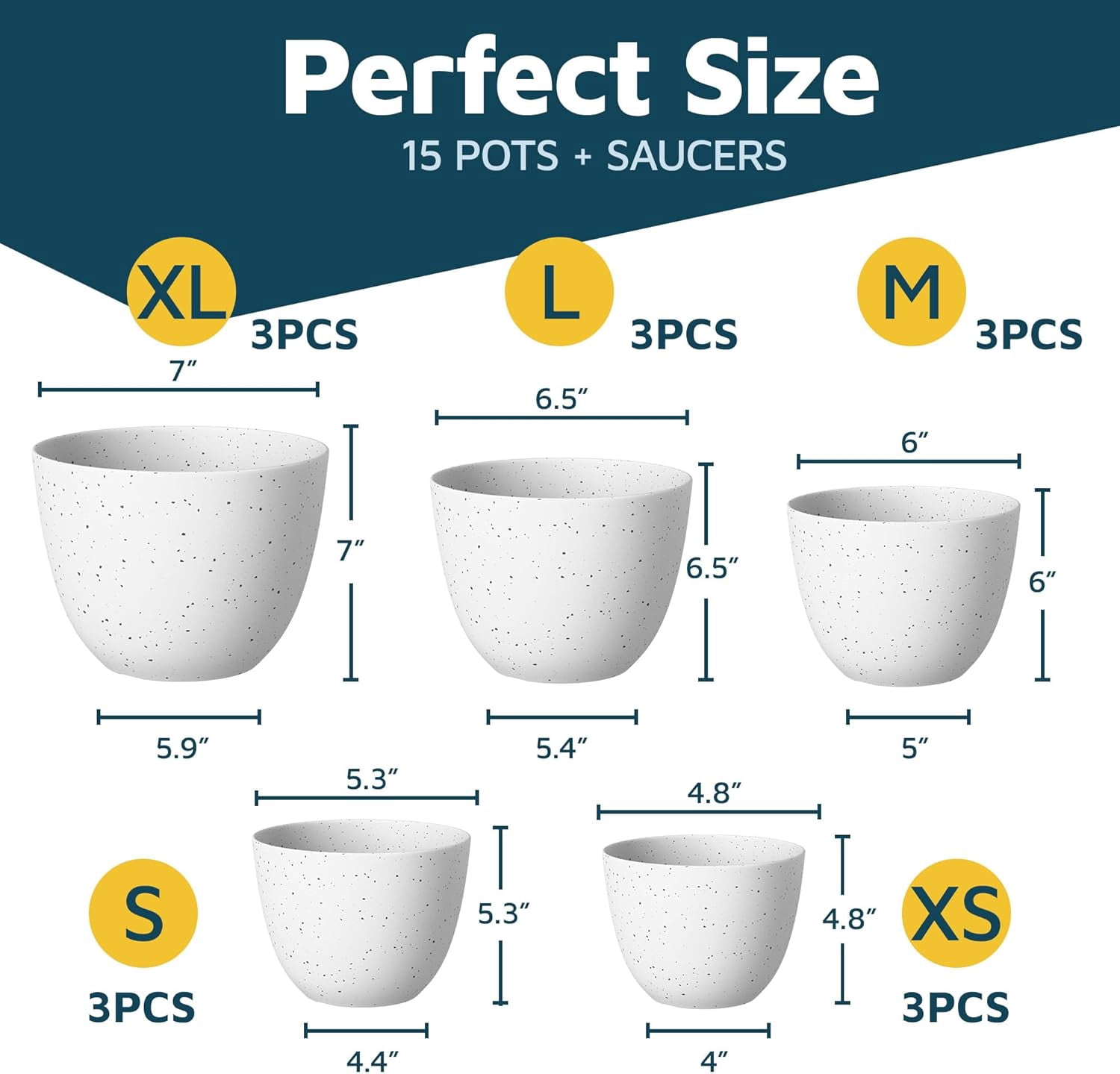 White+Surface Gray Plant Pots with Drainage Holes & Saucers 15 Packs, Indoor & Outdoor Stackable Plastic Planters in Multiple Sizes for Houseplants & Flowers, Durable & Weatherproof Materials