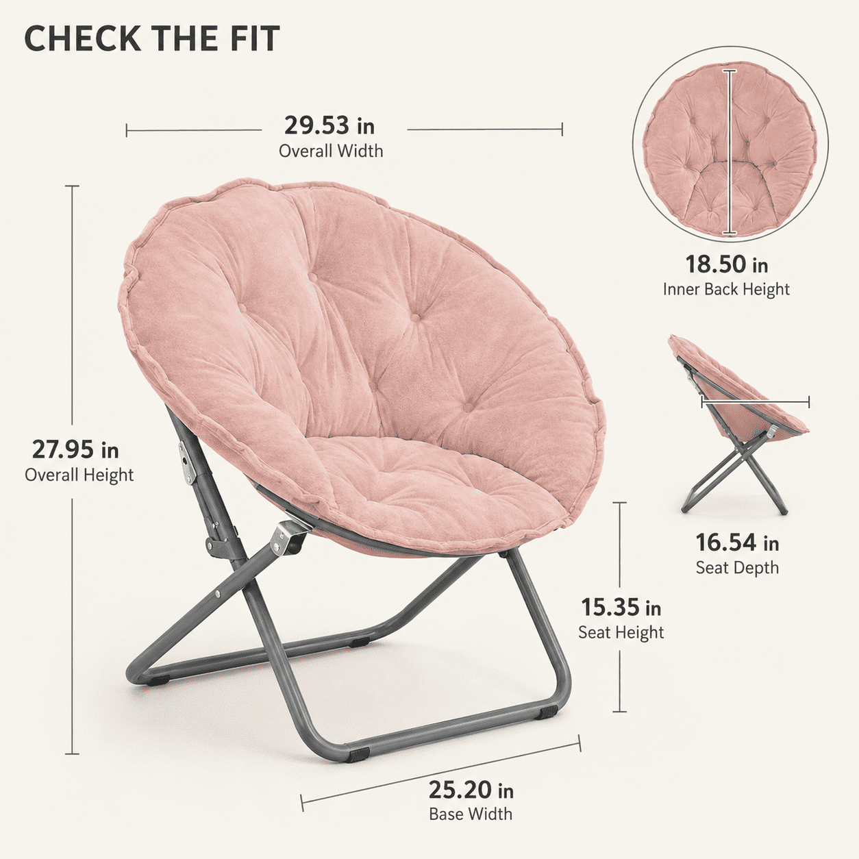 CLOUDREST PRO Soft Plush Folding Saucer Chair for Adults, Padded Round Lounge Seat, Metal Frame, 300 lb Capacity, Pink