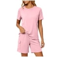 thumbnail image 5 of Women's 2 Piece Home Wear Crew Neck Short Sleeve Tops Elastic Waist Pockets Shorts Summer Comfy Lounge Sets (S, Pink), 5 of 6