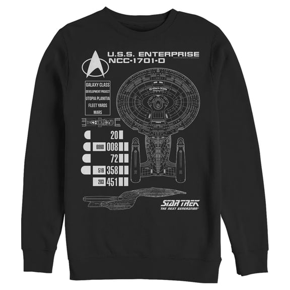 Men's Star Trek: The Next Generation Enterprise Galaxy Class NCC-1701-D Schematics Sweatshirt Black X Large
