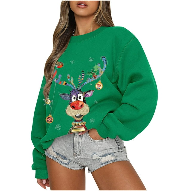 Chandail à Capuche de Noël pour Femmes Mode Décontractée Manches Longues Col Rond Imprimé Chandail en Molleton Blouse Chandail en Liquidation