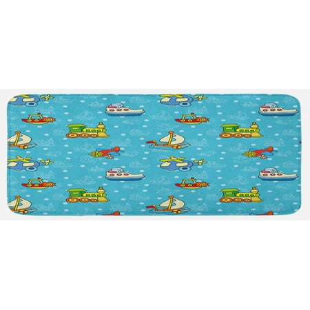 

Plane Kitchen Mat Colorful Cartoon Toy Pattern Boats Planes Trains on Blue Background Plush Decorative Kitchen Mat with Non Slip Backing 47 X 19 Multicolor by Ambesonne