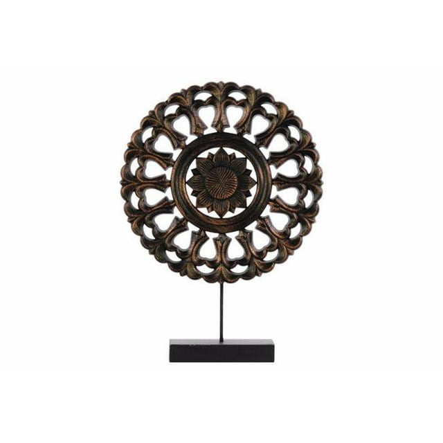 Benzara Ornement de Roue Bouddhiste Ronde en Bois sur Support Rectangulaire, Bronze