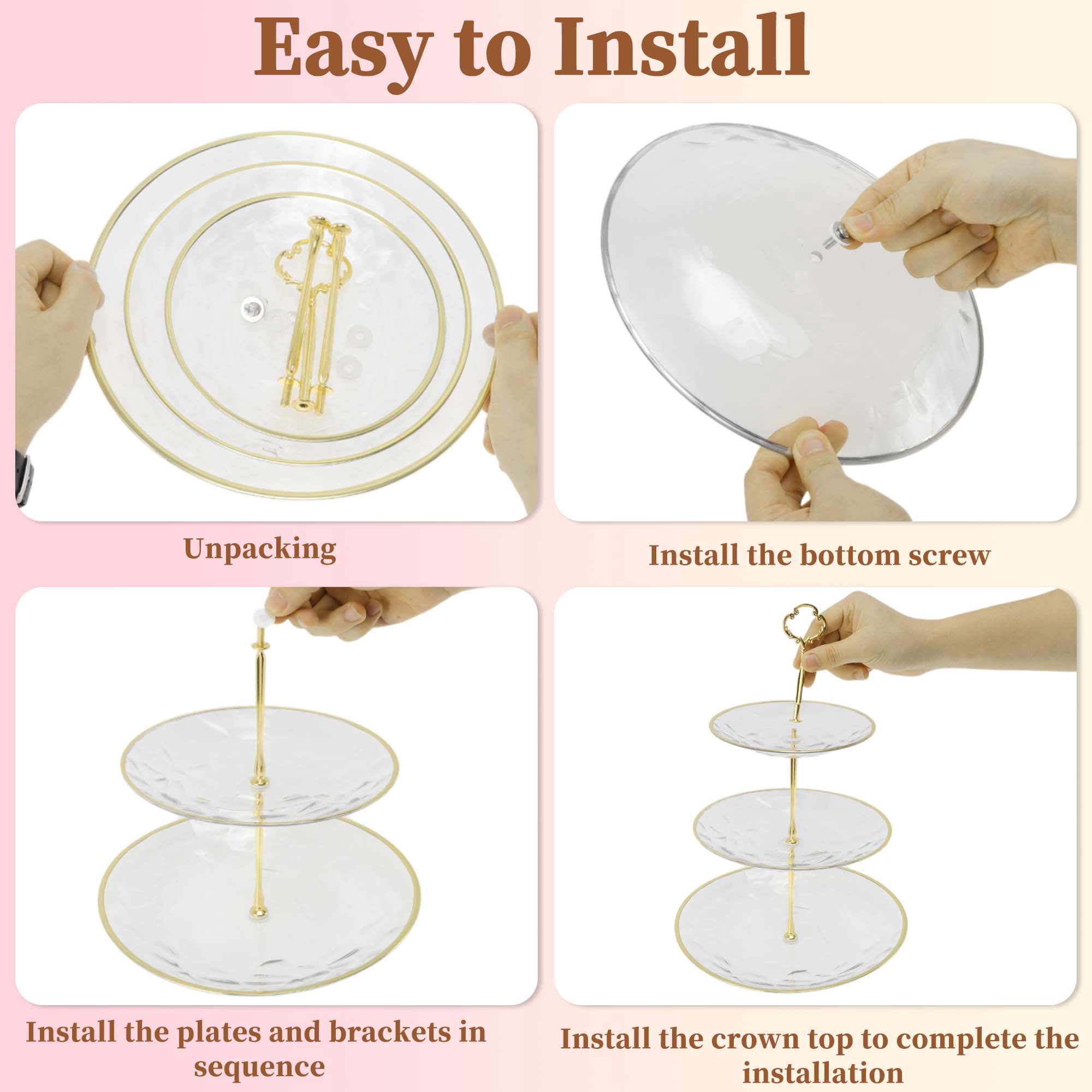Unique Bargains 3 Tier Dessert Cupcake Stand Holder for Donut Clear Gold Tone