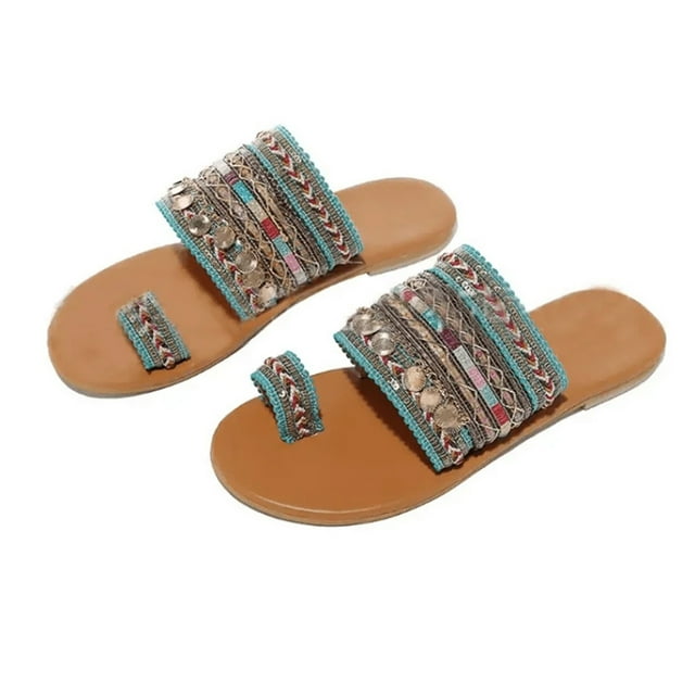 Boho Style Toe Ring Sandals for Women Summer Beach Flip Flop with Cloth Fabric