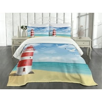 Ambesonne Beach Quilted Bedspread Set 3 Pcs, Lighthouse Seagulls Ocean, Queen Size, Vermilion Blue