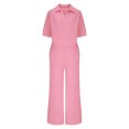 thumbnail image 4 of Womens 2 Piece Sets Casual Sets High Waisted Spring Summer Lapel Casual Solid Color Short Sleeved Wide Leg Pantsuit, 4 of 7