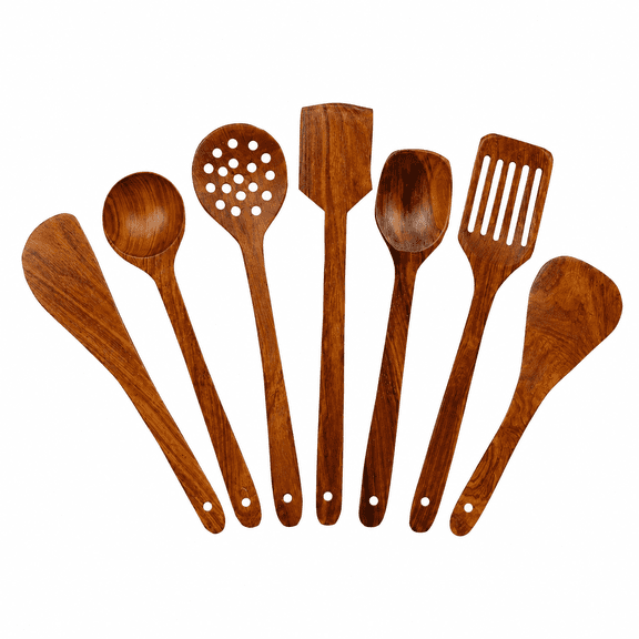 SPATZO Wooden Cooking Utensils Set, 7 Piece Nonstick Wooden Spatula Set for Kitchen Cooking, Serving, Stirring and Mixing