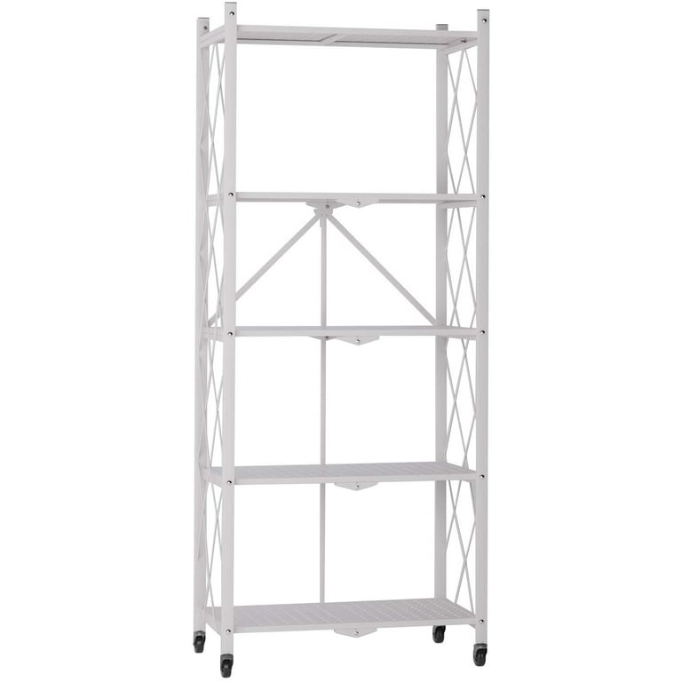 (White) 5 Tier Metal Folding Storage Shelf With Wheels