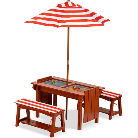Kids Picnic Table with Umbrella, Outdoor Wooden Table & Set w/Cushions & 2 Removable Boxes, 4-in-1 Children Sand and Water Activity Furniture w/Storage Cover for Patio, Garden