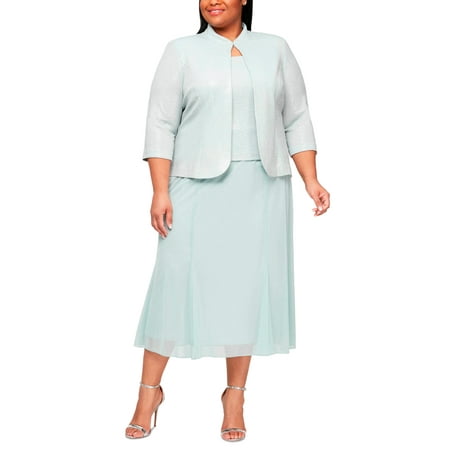 Alex Evenings Women's Sparkle Mock Two Piece Midi Cocktail Dress With Jacket Green Size 18W