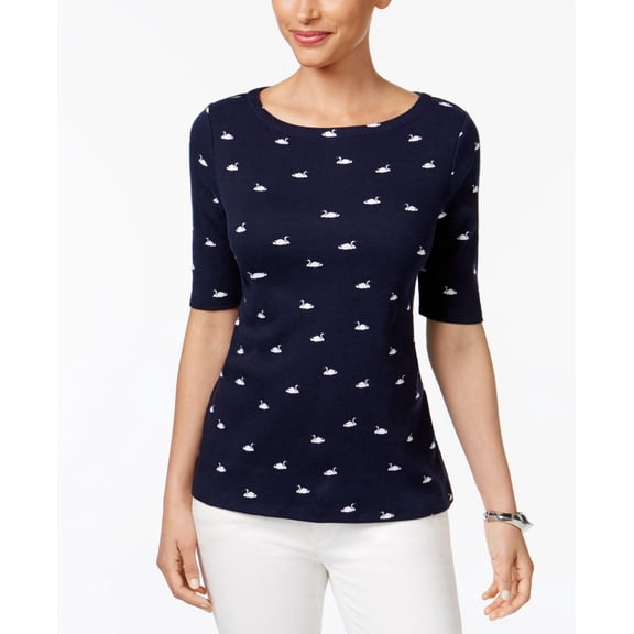 Charter Club Cotton Printed Boat Neck Top Navy Blue L