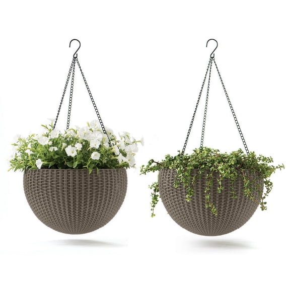 Keter Resin Rattan Set of 2 Round Hanging Planter Baskets for Indoor and Outdoor Plants, Cappuccino